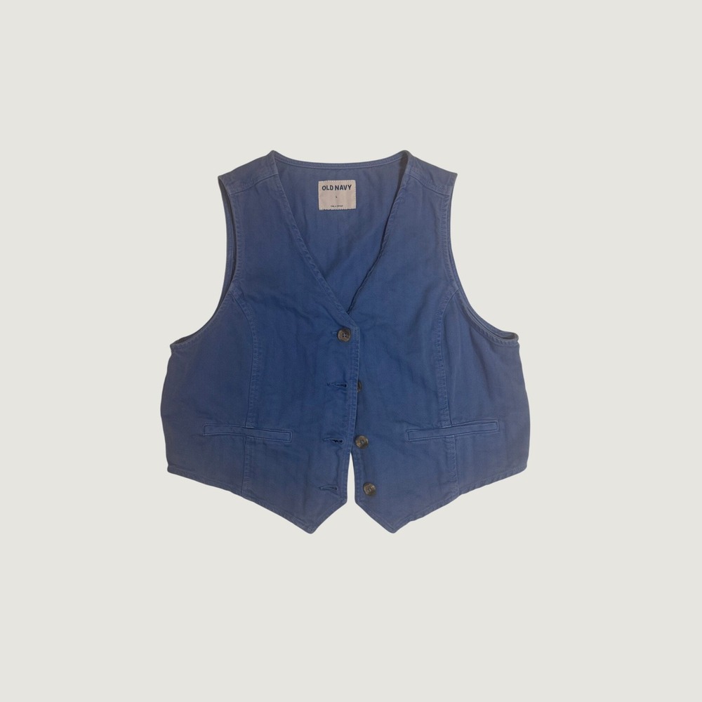 Old Navy Blue Herringbone Twill Button Front Waistcoat Vest Womens Large - Picture 2 of 4